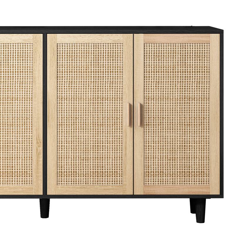 62.20" Modern Rattan Decorative Storage Cabinet with Solid Wood Legs, 4 Doors, Adjustable Shelves Versatile for Home,Office