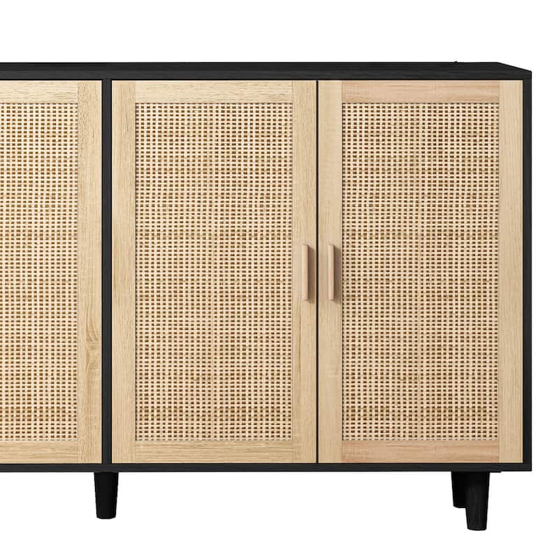 62.20" Modern Rattan Decorative Storage Cabinet with Solid Wood Legs, 4 Doors, Adjustable Shelves Versatile for Home and Office