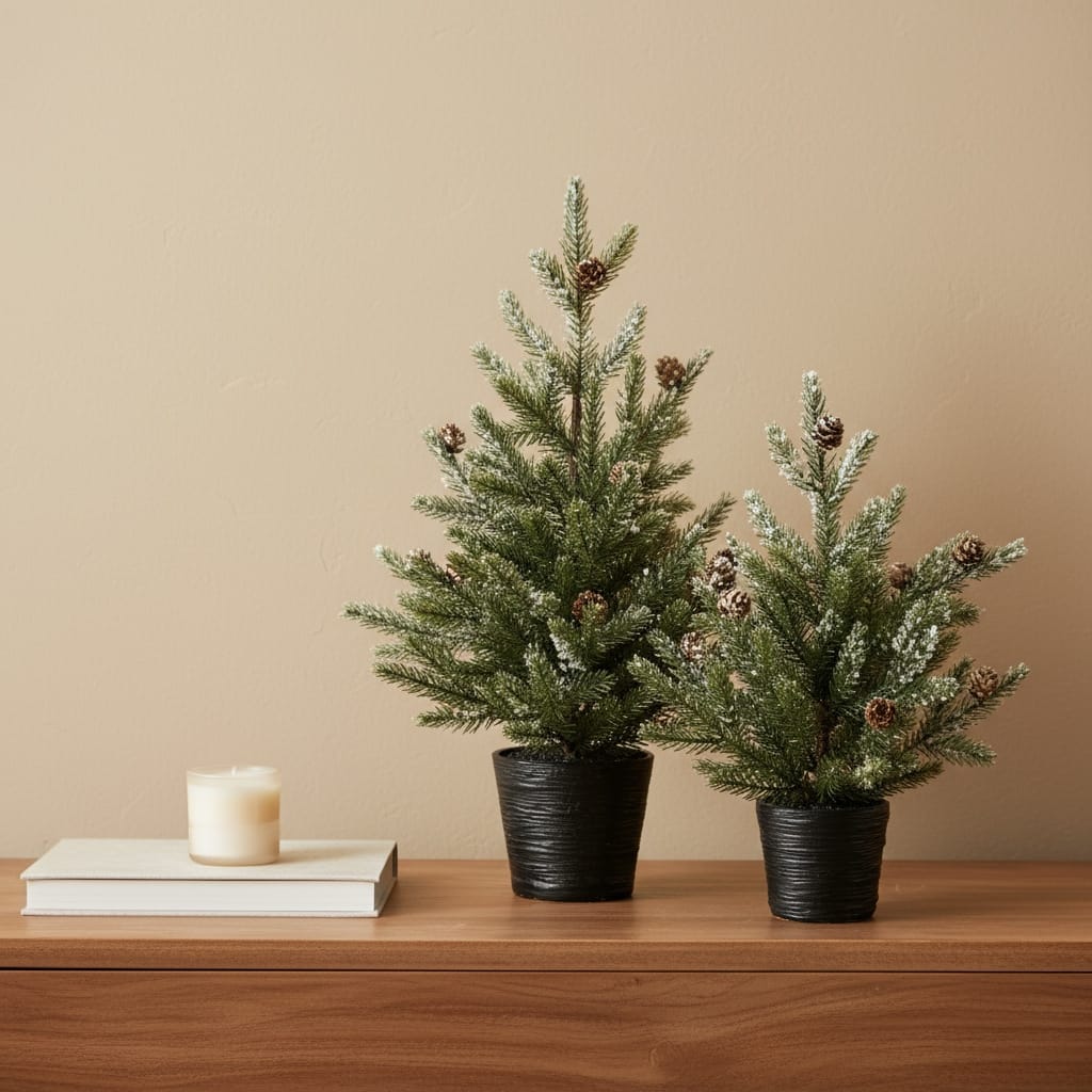 HomeRoots Set of Two 15" Green Mini Artificial Pine Trees With Pinecones In Round Black Metal Pots