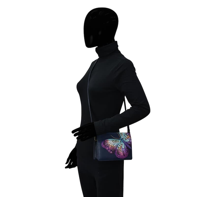 Handpainted Leather Ladies Two Fold Wallet On a String - Magical Wings Navy