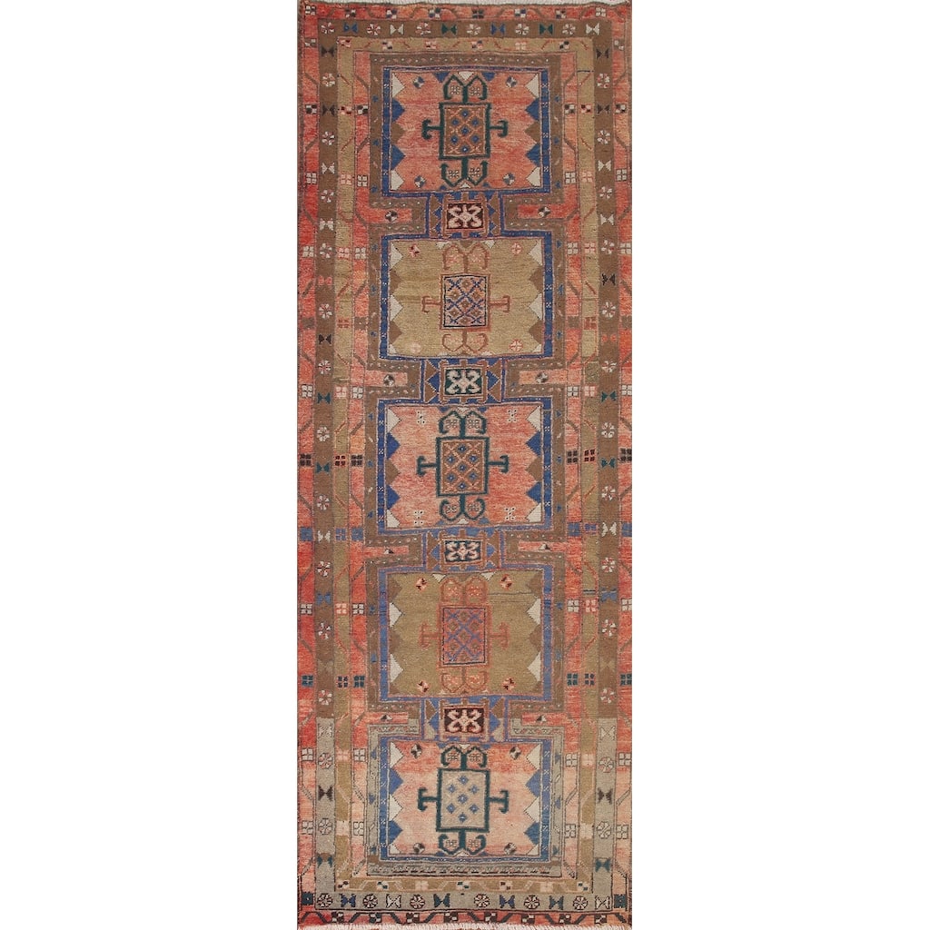 Geometric Ardebil Persian Vintage Runner Rug Hand-knotted Wool Carpet - 3'6" x 10'0"