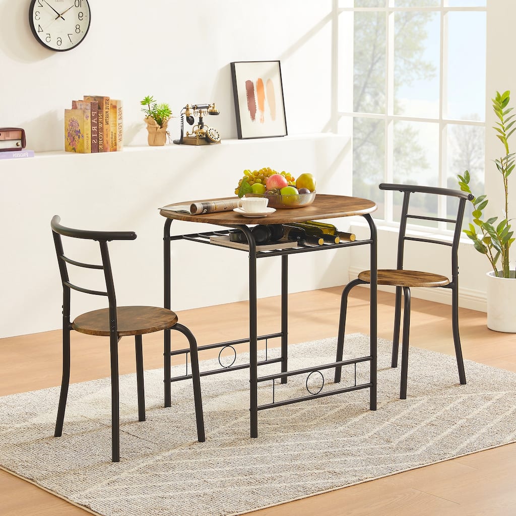 3-Piece Dining Set, Modern Wood Oval Table and 2 Chairs Set with Built-In Wine Rack