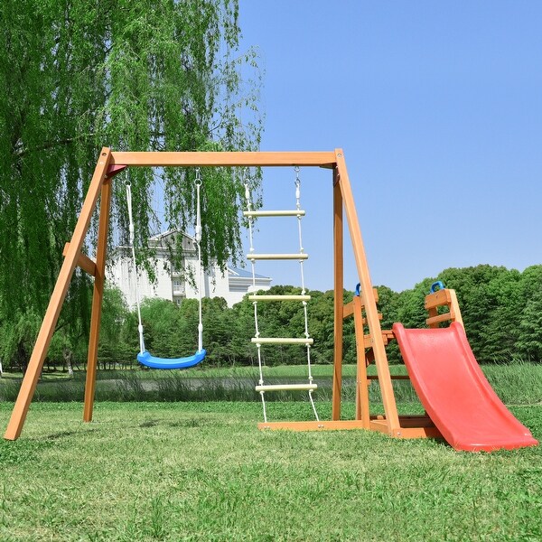 Natural Outdoor Wooden Toddlers Swing Set with Slide Bed Bath
