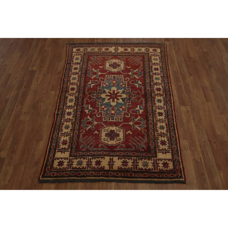 Hand Knotted Oriental 100% Wool Carpet Traditional Geometric Red Super Kazak Area Rug - 5' 4'' X 3' 8''