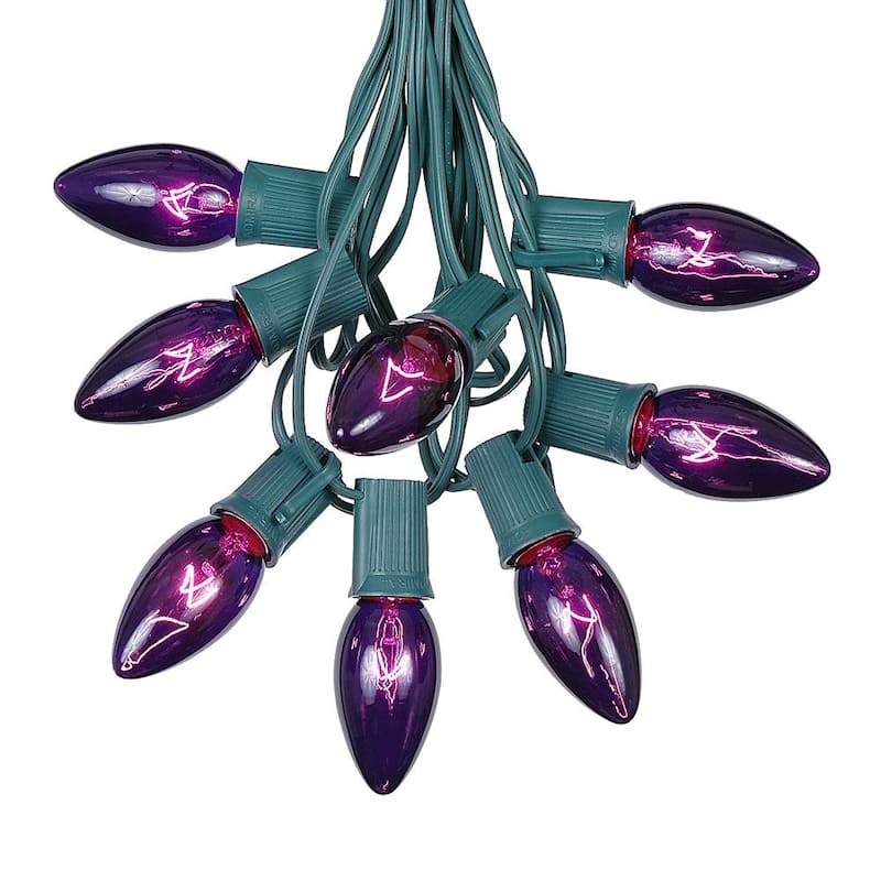 25 Foot C9 Christmas Light Set, Hanging Patio String Lights, Green Wire - Purple
