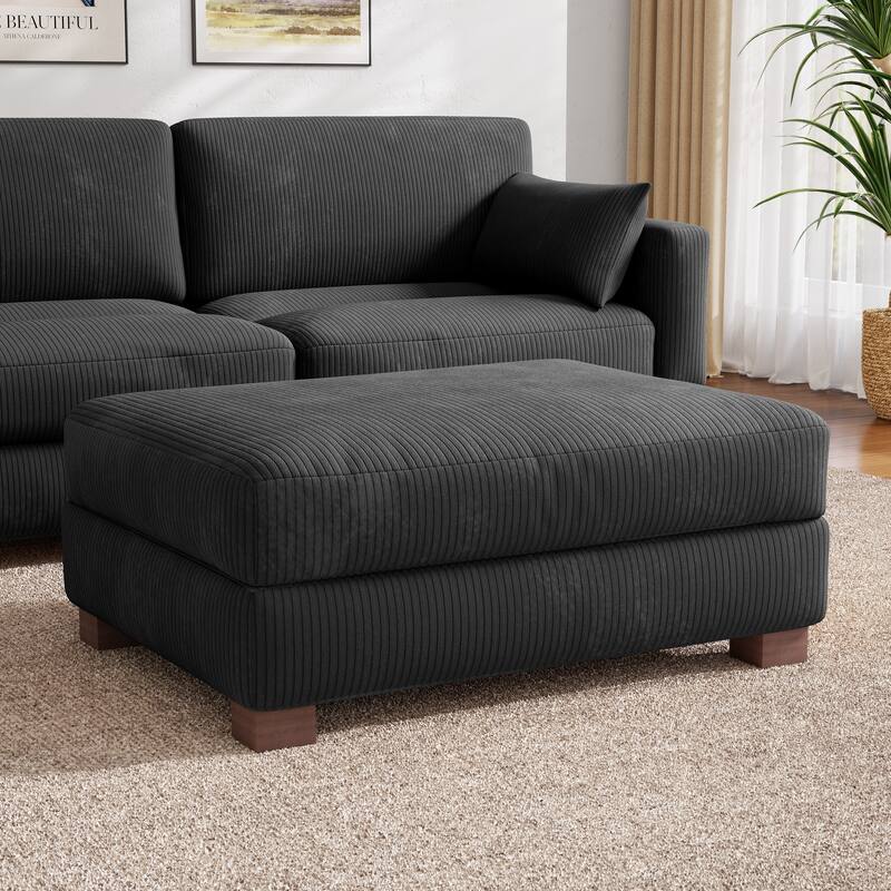 Modern Cotton/Linen Oversize Ottoman Bench with Wood Legs - Grey Corduroy - 17.6" H