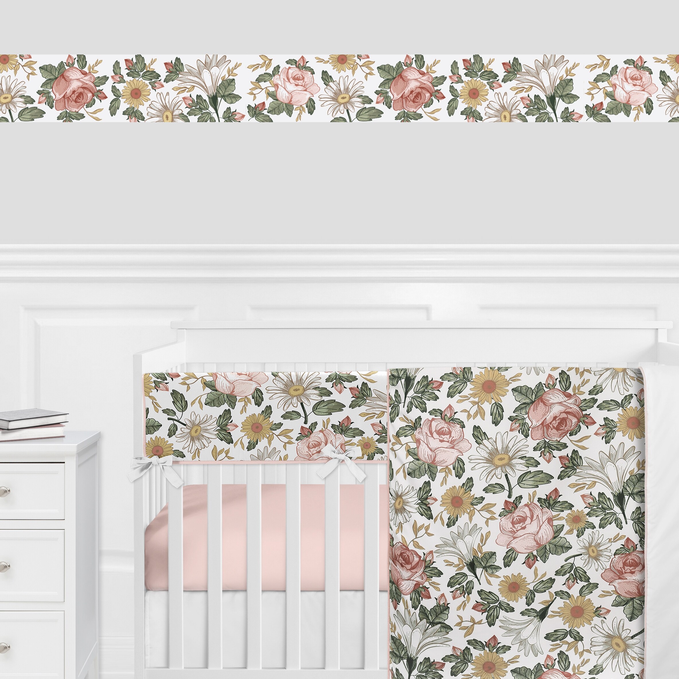 Sweet Jojo Designs Vintage Floral Boho Wallpaper Wall Border Blush Pink Yellow Green White