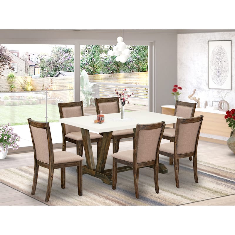 East West Furniture Dinette Set- a Dining Table and Dark Khaki Linen Fabric Parson Chairs, Distressed Jacobean(Pieces Options) - V726MZ716-7