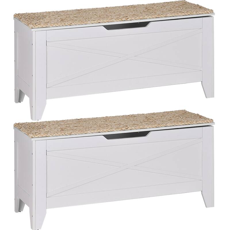 2 Pieces Storage Wooden Ottoman, Flip Top Ottoman Bench Set with Hand Weave Poufs Padded, Bed End Stool Set, Foot Rest Set - 15" x 43.3" - White