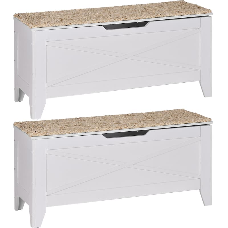 VECELO Storage Bench, Wooden Chest for Storage with Wicker Mat Safety Hinges Entryway Shoe Bench Storage Trunk(Set of 2)