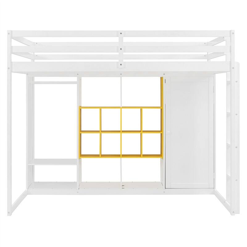 Twin/Full Size Loft Bed with Wardrobe and Cabinet, Wooden Loft Bedframe with Storage Shelves, Ladder and Guardrail for Kids
