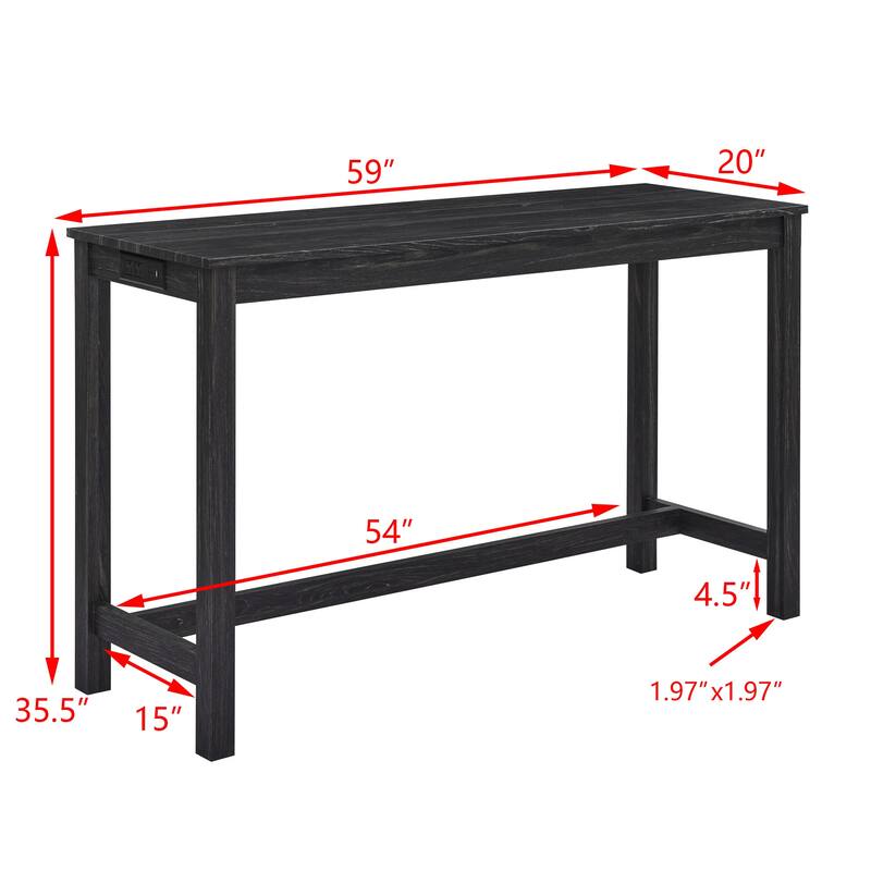 4-Piece Coffee Table Set with Upholstered Seat, Black Bar Table Set Sofa Side Table Set with Charging Station