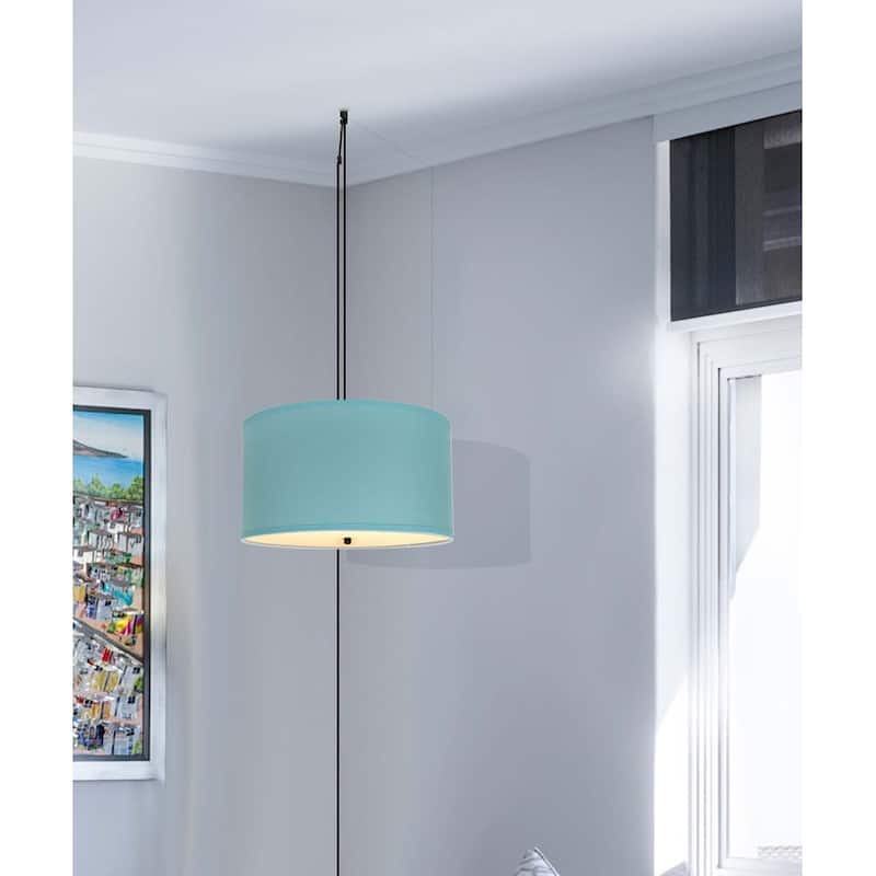 2 Light Swag Plug-In Pendant 16"w Island Paradise Aqua Linen Drum with Diffuser, Black Cord