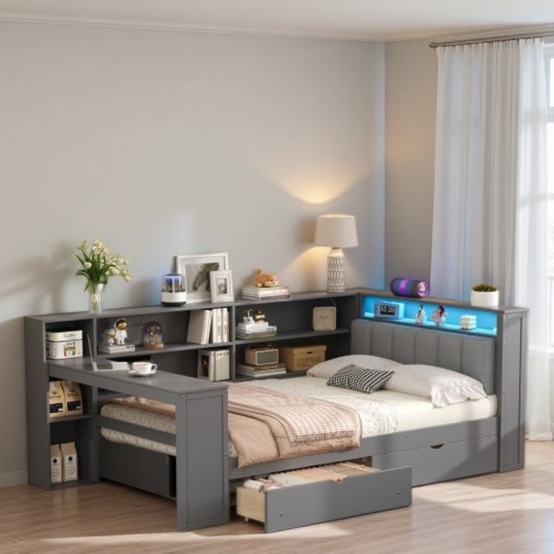 Full Size Platform Bed with Upholstered Headboard, LED Lighting, Built-In Desk, Storage Shelves & Drawers, USB Charging Station