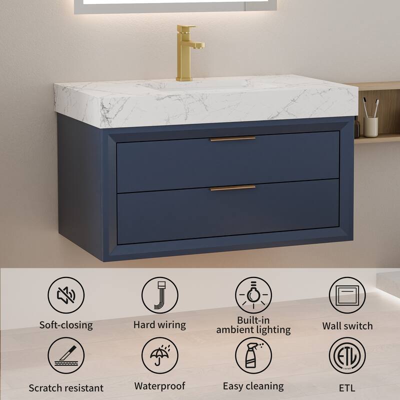 Modland 36" Wall-Mount Vanity with LED Light & 2 Soft-Close Drawers - Solid Oak, Black,White,Blue,Green - 36 inch