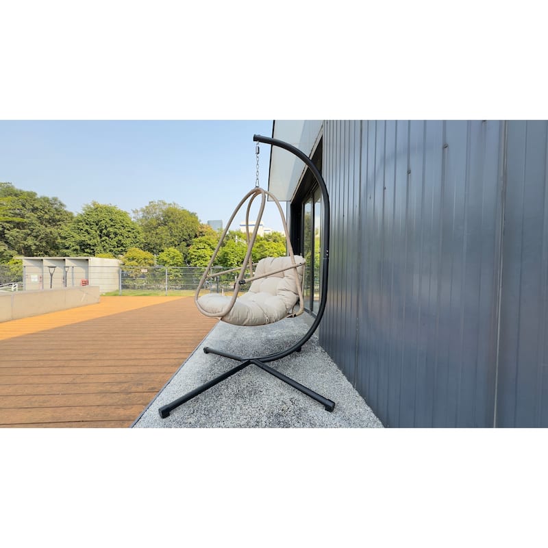 Foldable Swing Egg Chairs Rattan Hanging Basket Chair with Cushions and Cup Holder Patio Hammock Chairs Lounge Chair with Stand