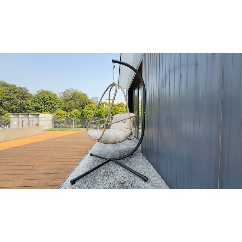 Swing Egg Chair with Stand and Cup Holder, Basket Hanging Chair with Cushion & Pillow Patio Wicker Hanging Chair