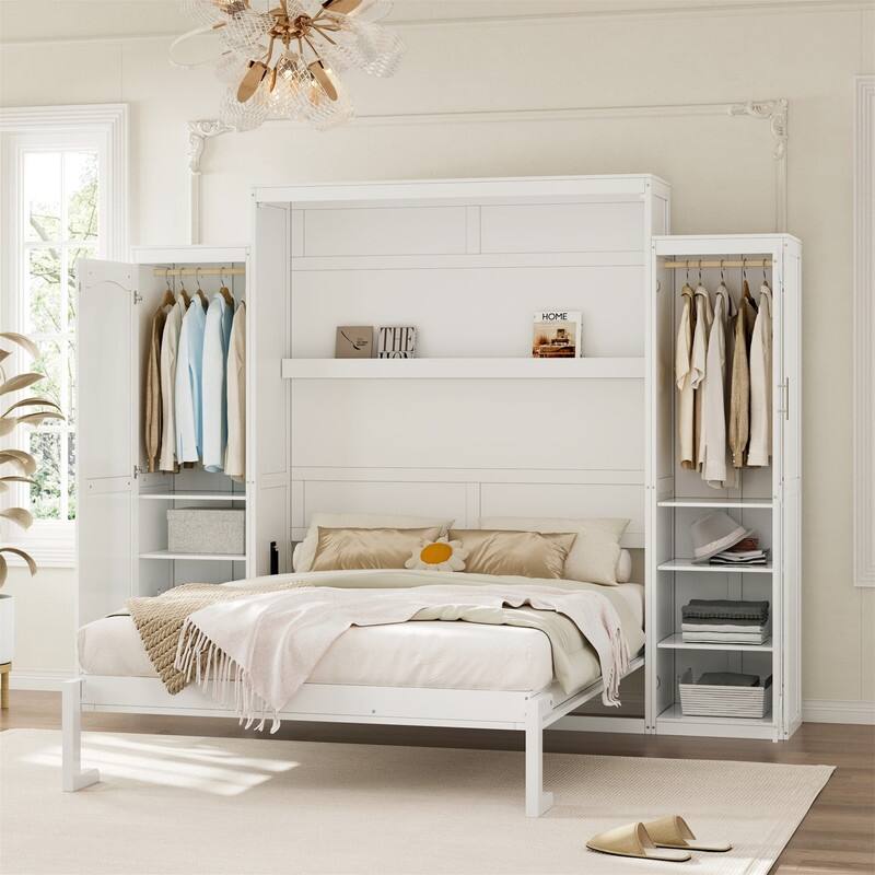 Wooden Murphy Bed Wall Bed with 2 Bulit-in Wardrobes, Full/Queen Size Foldable Murphy Cabinet Bed with Storage Shelves