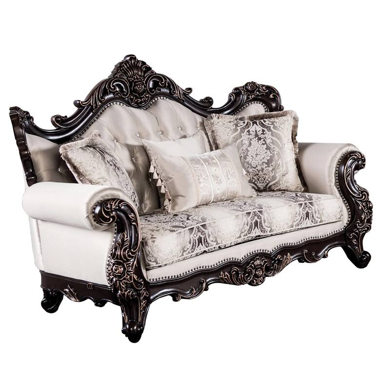 Puhi Loveseat w Accent Pillows, Beige Fabric, Ornate Carved Wood, 70 Inch