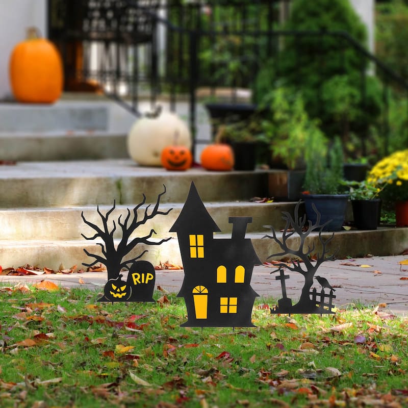 Glitzhome Set of 3 Halloween Metal Silhouette Haunted Yard Stake or Hanging Decor