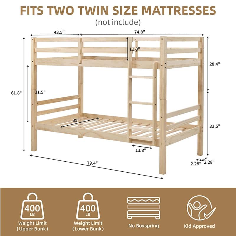 Twin over Twin Wooden Bunk Bed,High Guardrail,Ladder,Kids Teens,Dorm