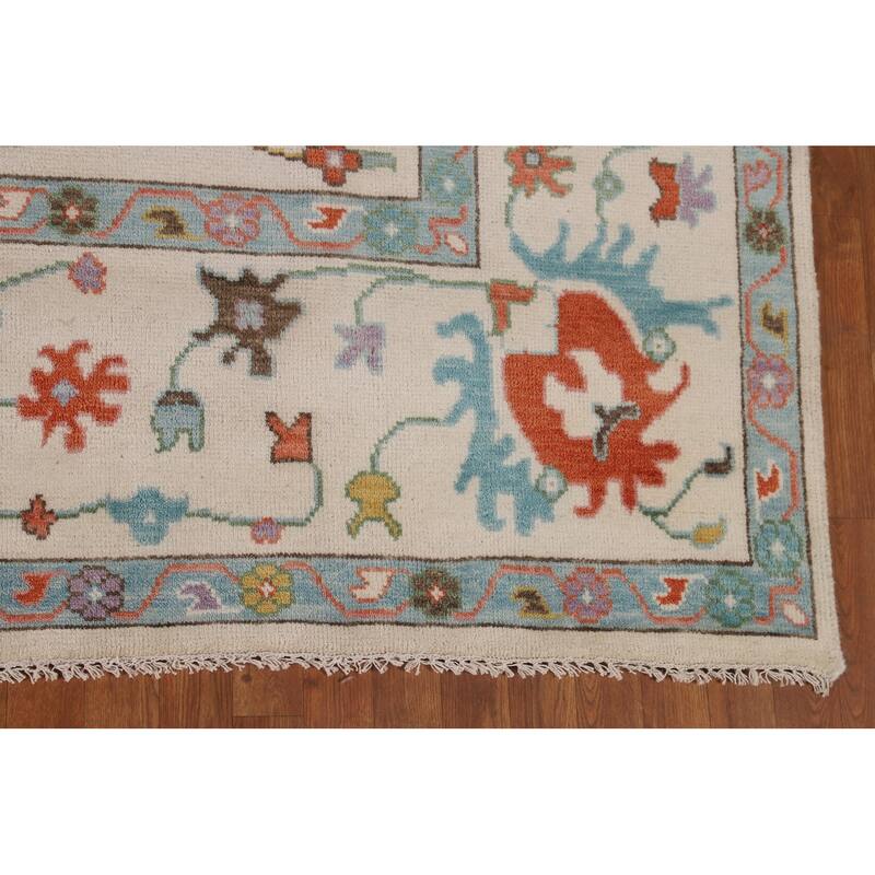 Beige Transitional Floral Oushak Area Rug Hand-Knotted Wool Carpet - 8'9" x 12'0"