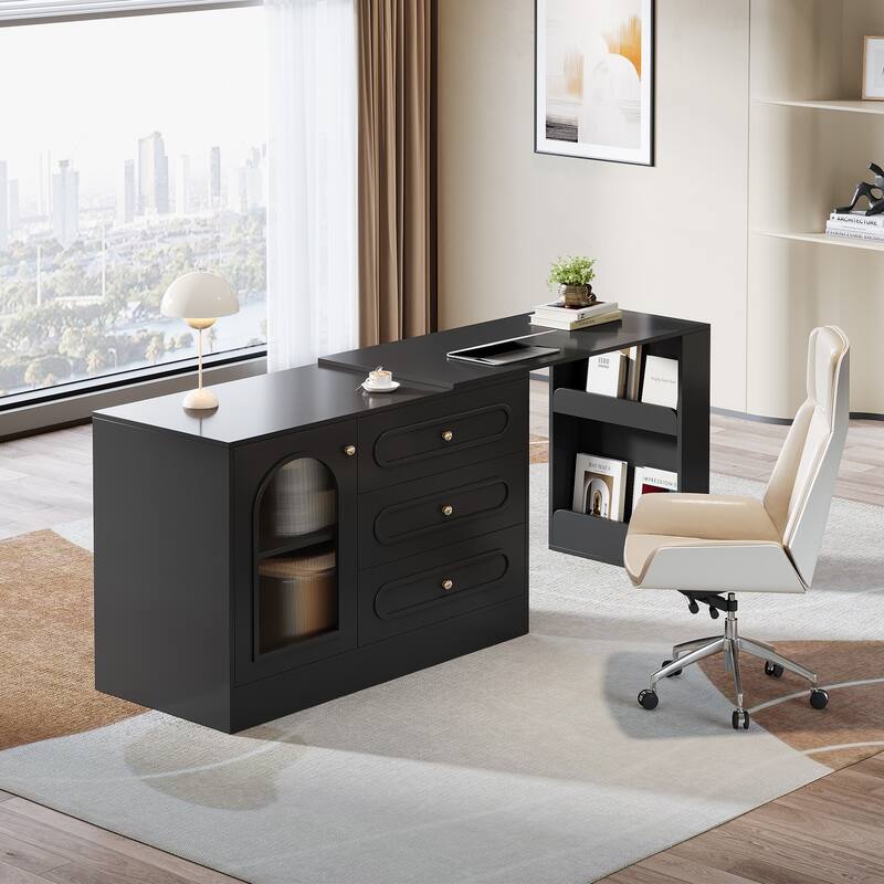 Modern 360° Rotatable Computer Desk with 3 Drawers, L Shaped Corner Executive Desk