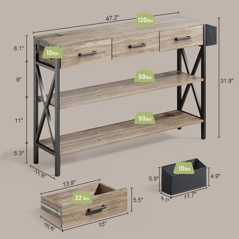 47" Console Table with 3 Tier Storage Shelves, Industrial Entryway Table with 3 Drawers