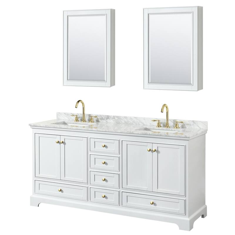 Wyndham Collection Deborah 72" Free Standing Double Vanity Set with - White / White Carrara Marble Top / Brushed Gold