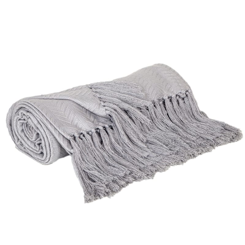HomeRoots 50" X 60" Gray Woven Cotton Herringbone Throw Blanket with Fringe