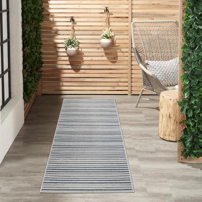 Nourison Calobra Traditional Geometric Stripe Indoor Outdoor Striped Area Rug - 2'2" x 10' Runner - Blue