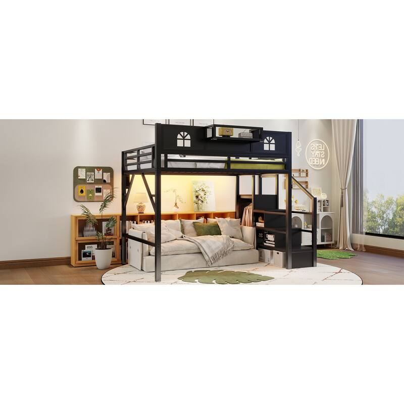 Roomfitters Full/Queen Metal Loft Platform Bed, Staircase Wardrobe and LED Charging Station with House Guardrails for Bedrooms