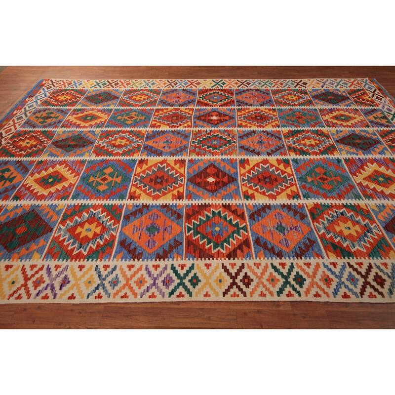 Geometric Kilim Reversible Area Rug Hand-Woven Wool Carpet - 8'0" x 11'10"