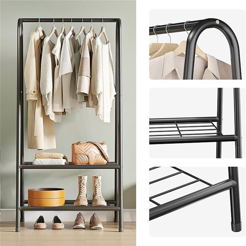 Metal Clothing Coat Rail with Double Layer Shelf for Storing Clothes - 13.8"D x 24.4"W x 62"H
