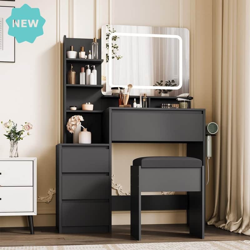 36" LED Vanity Desk with Lights, 4 Drawers & Charging Ports - Black
