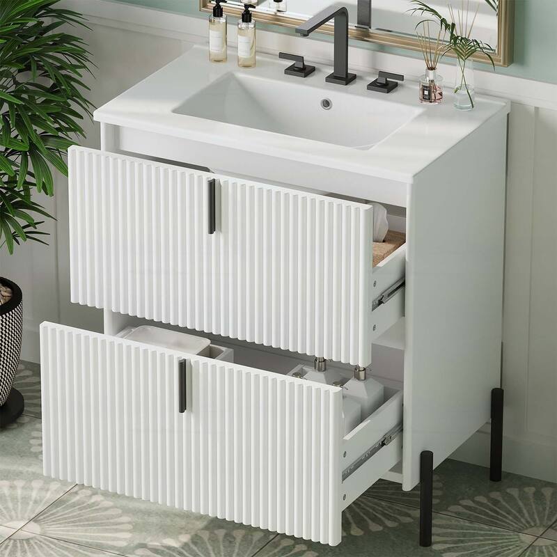 30-Inch Freestanding Bathroom Vanity with Ceramic Sink,Soft Close Drawers,and Fluted Design in Dark Brown