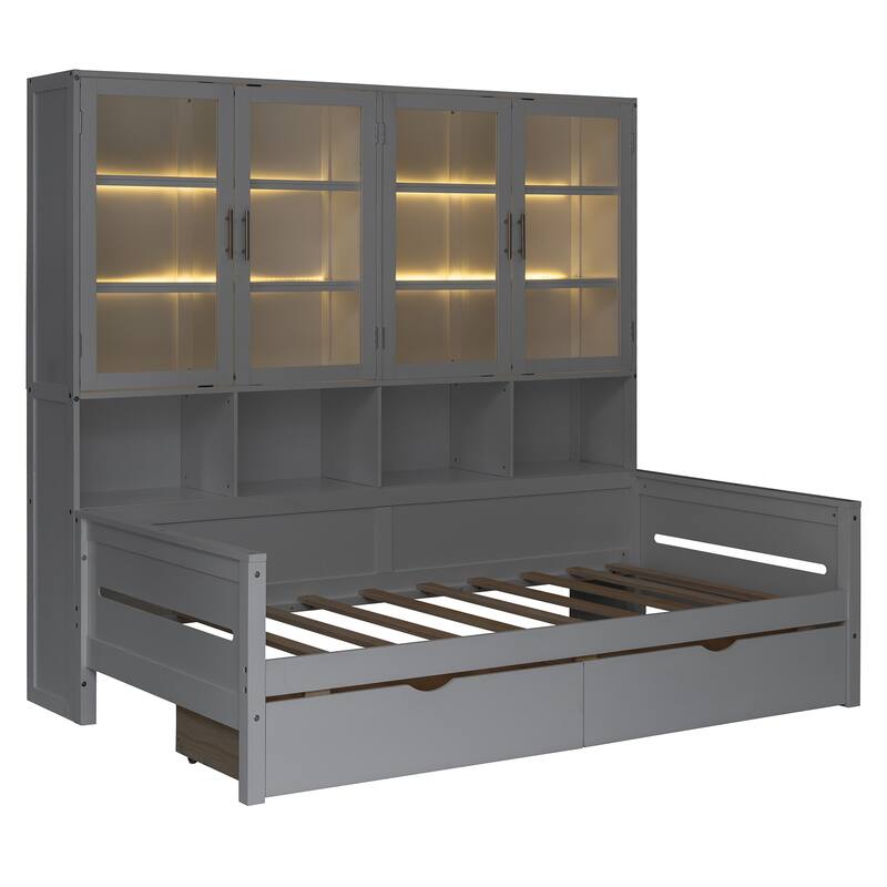 Twin Size Wooden Daybed with Glass-Door Storage Cabinets, Built-in LED Lighting and Shelves Bedrooms Compact Daybed