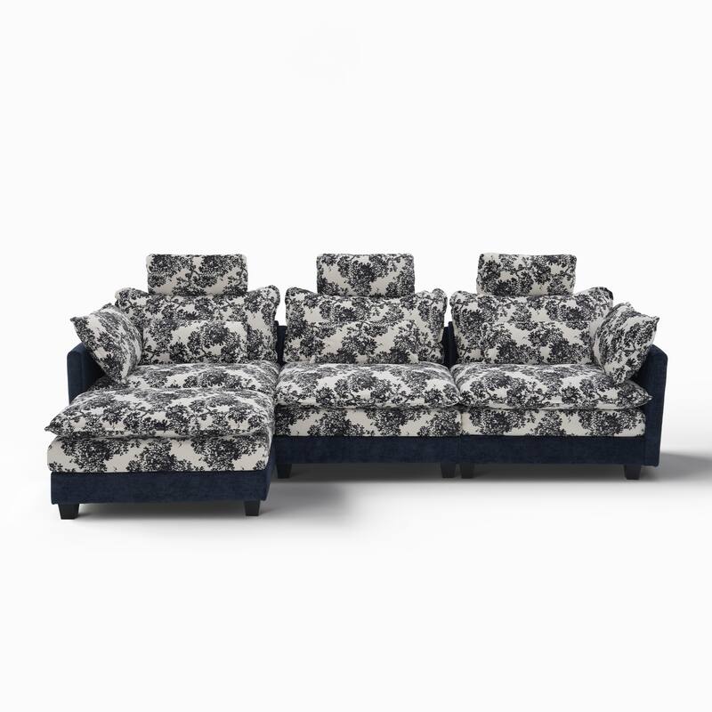 Blue Chenille Sectional Sofa with Floral Fabric, 4-Seater L-Shaped Couch with Adjustable Headrests, Pillows, and Chaise Lounge