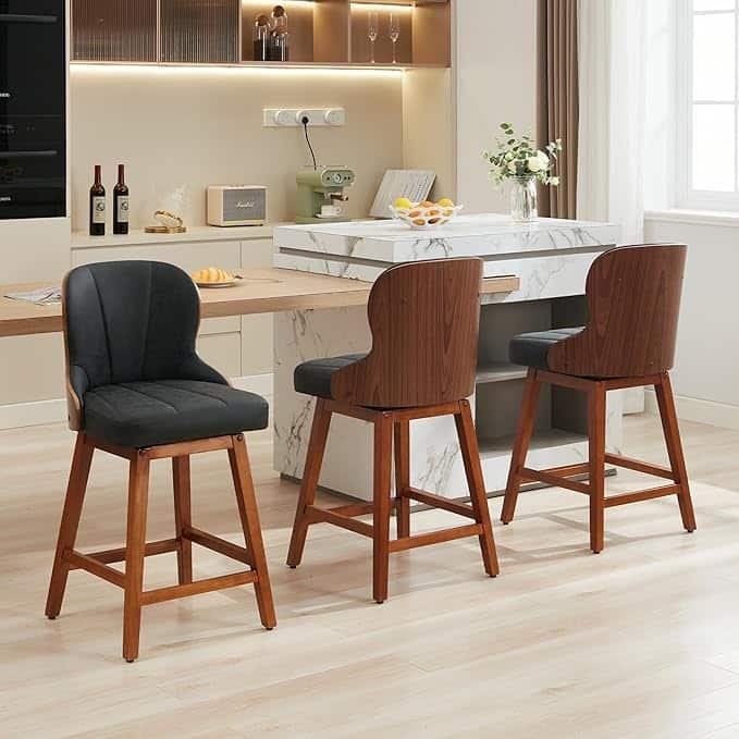 XINMICS 26 Inches Counter Height Bar Stools, Swivel PU Leather Bar Stools with Bentwood Backs, Set of 2/3 - N/A - Set of 3 - Black