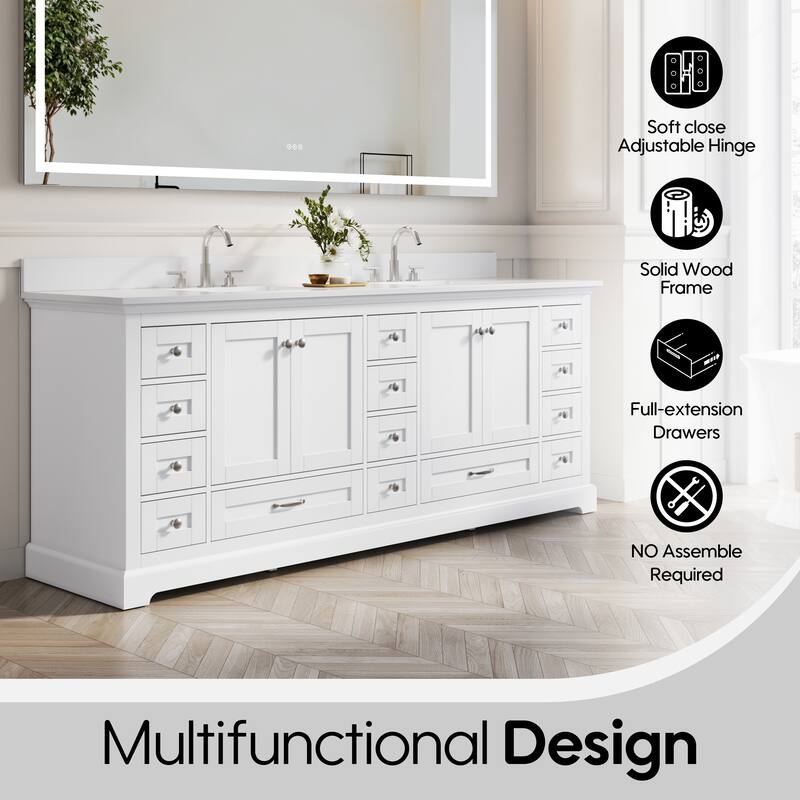 84''W Solid Wood Frame Bathroom Vanity With Pure White Culutered Marble Countertop And Double Sink