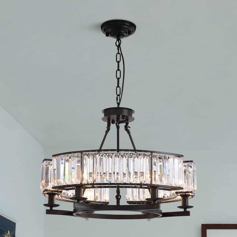26 in. Round Crystal Chandelier Black Industrial Dining Room Light Fixtures 6-Light for Farmhouse Living Room Foyer