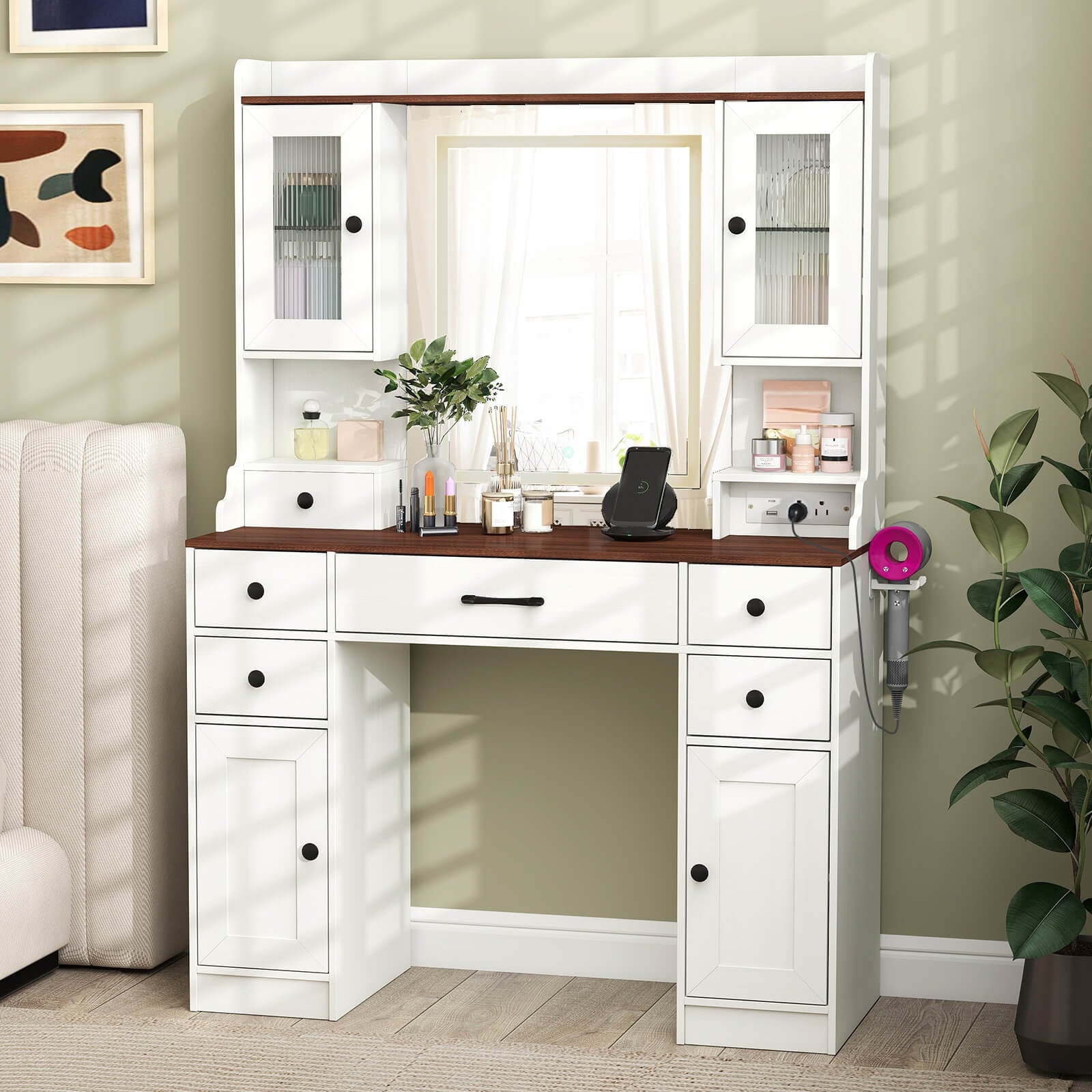 Costway 41.5" Vanity Desk with Mirror Lights Power Outlets Hair Dryer - See Details