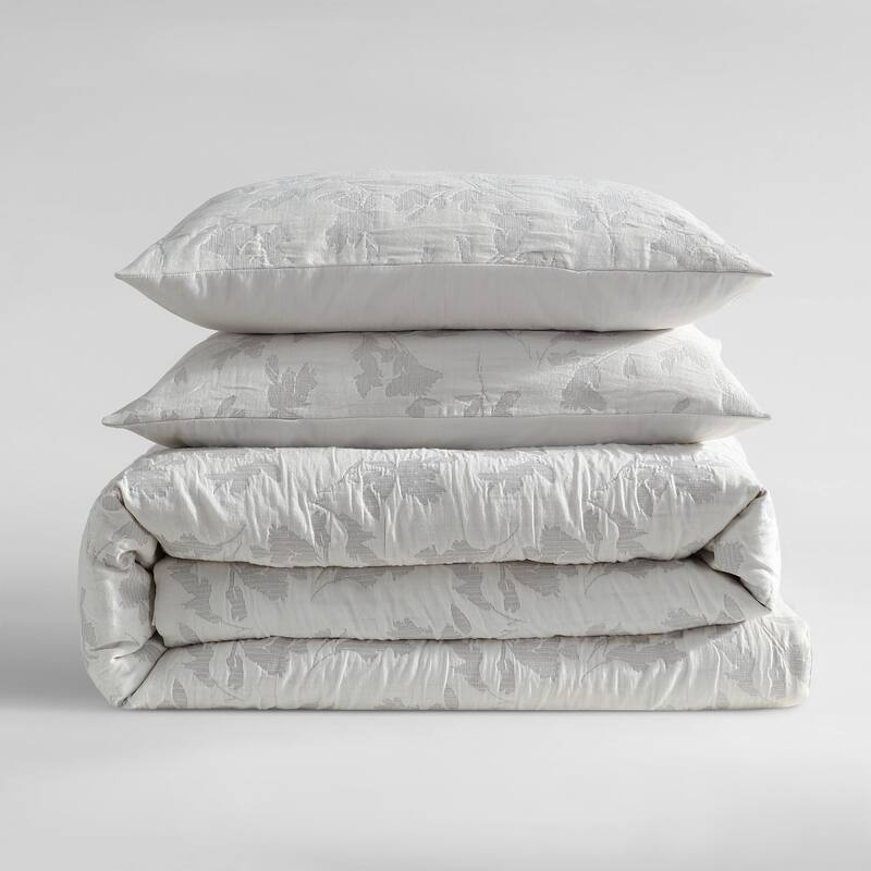 Calvin Klein Cascade Floral Leaf Jacquard Cotton All Season Comforter Set (Grey, 3 Piece)