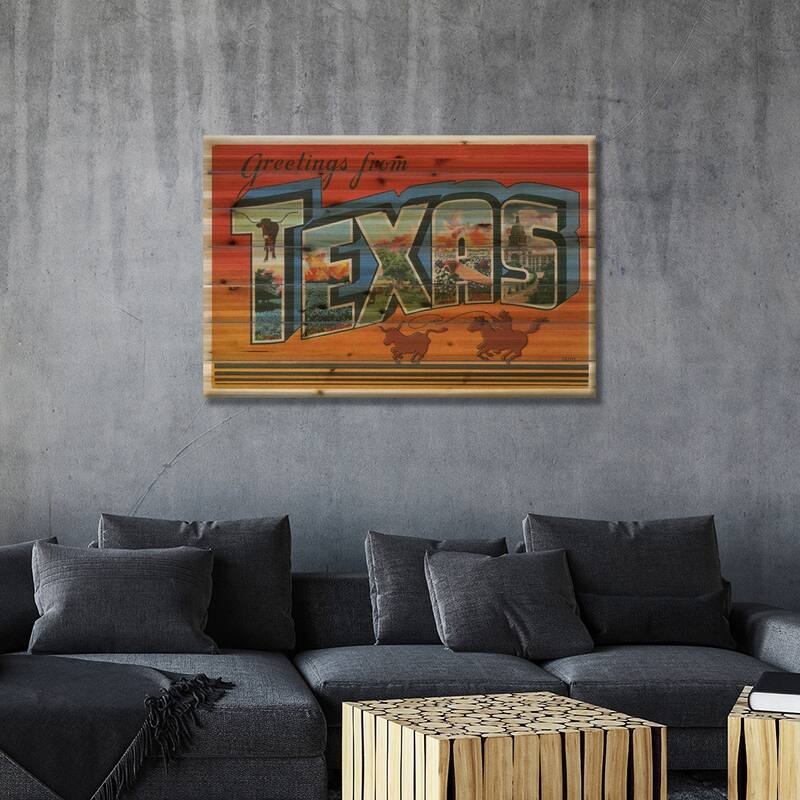 Greetings from Texas v2 Print On Wood by Wild Apple Portfolio - Multi-Color