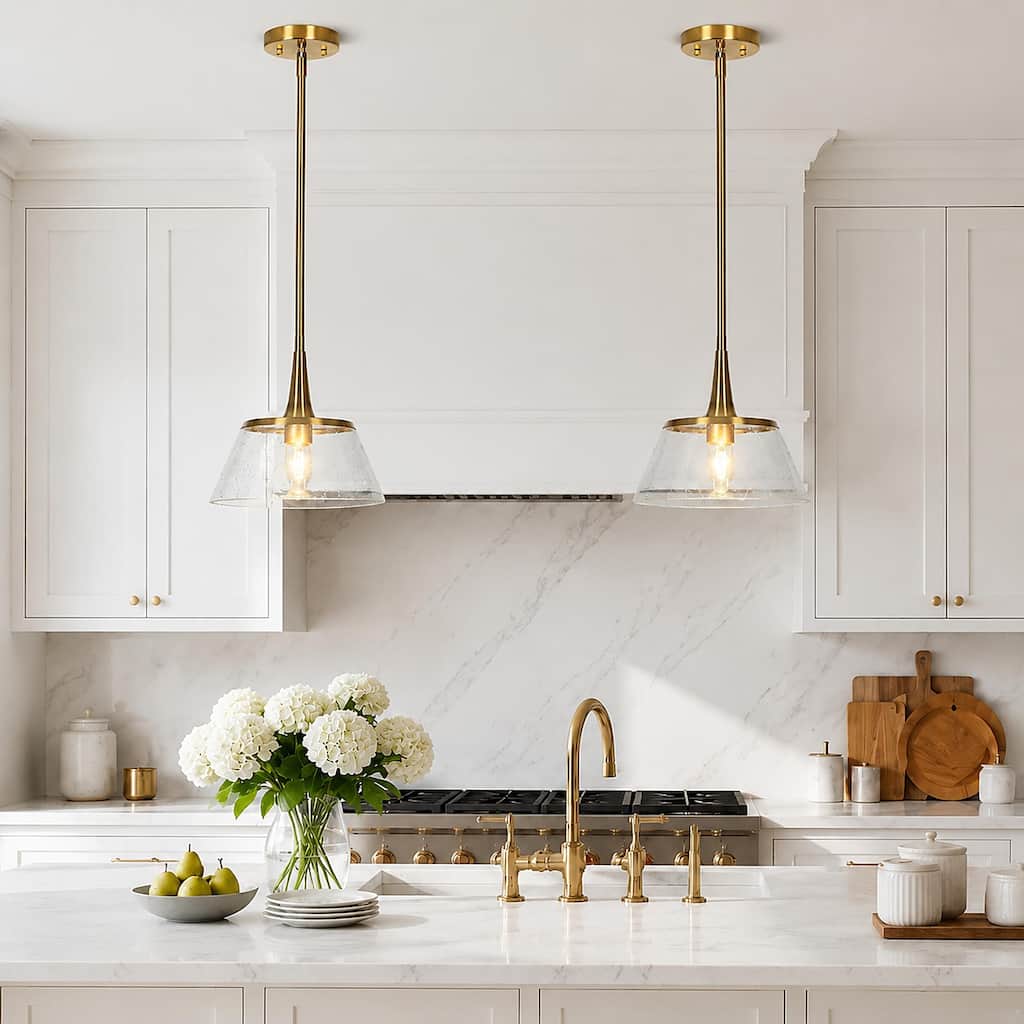 LALUZ Modern Gold 1-Light Seeded Glass Pendant Light for Kitchen Island Sink - D 9" x H 8"