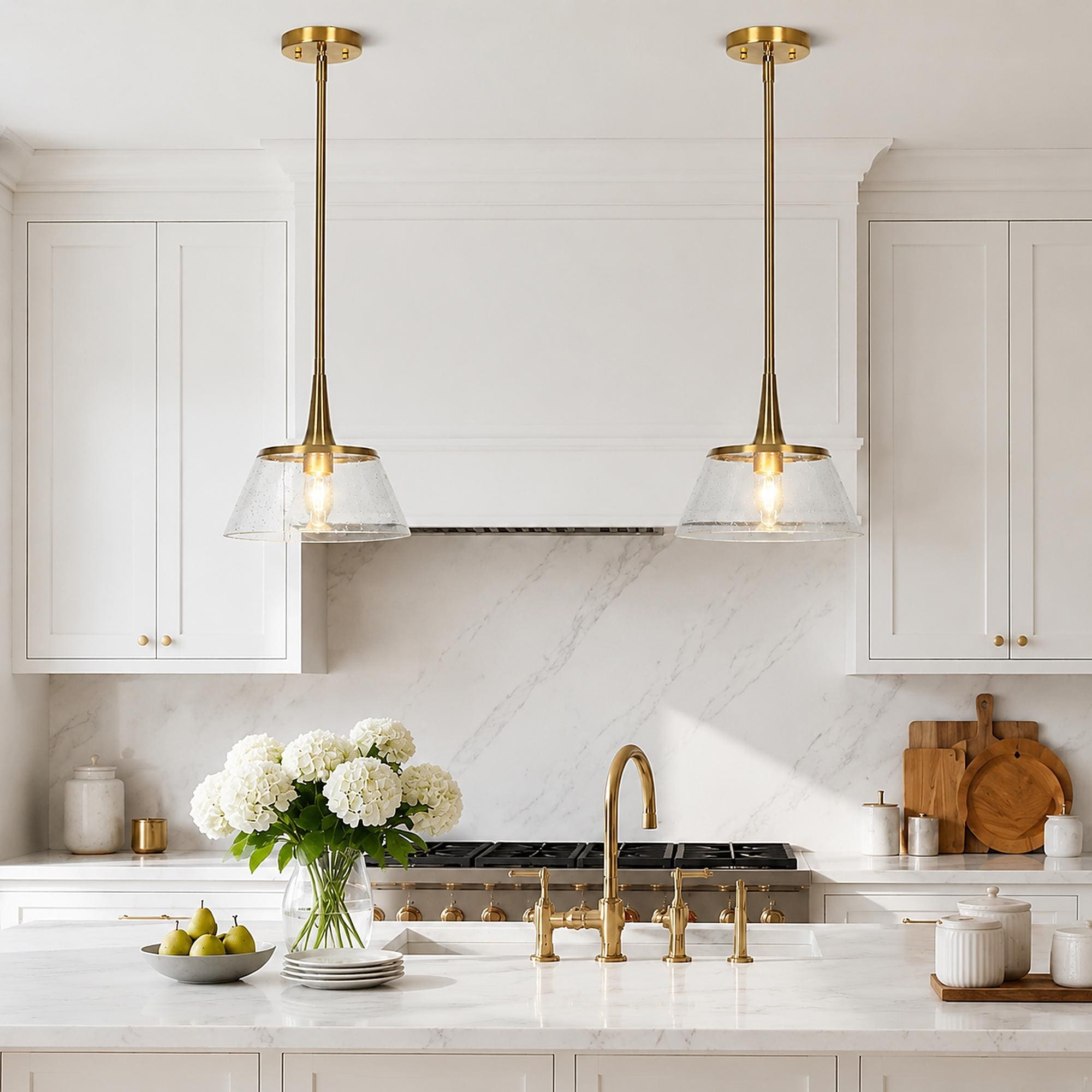LALUZ Modern Gold 1-Light Seeded Glass Pendant Light for Kitchen Island Sink - D 9" x H 8"