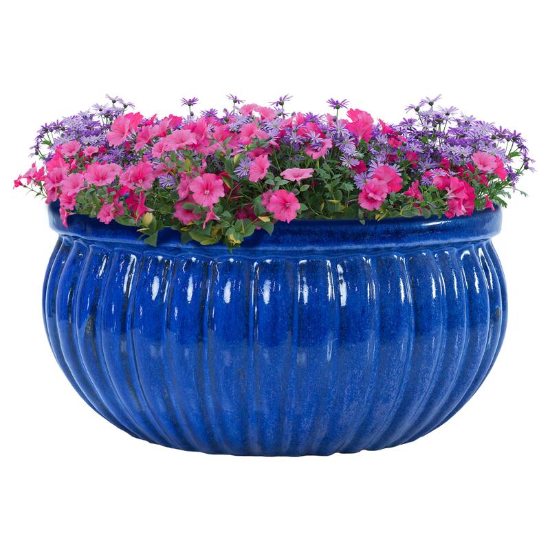 Sunnydaze Ribbed Glazed Ceramic Planter Bowl - Imperial Blue