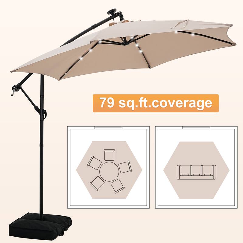 Autlaycil 10ft Offset Hanging Market Patio Umbrella With Base&Solar Lights