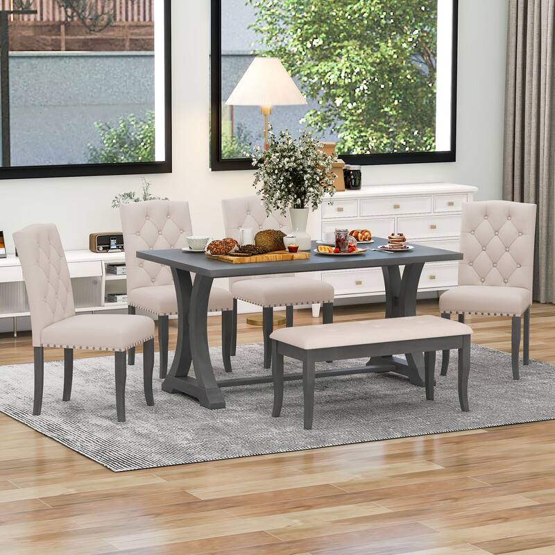 Home Party Dining Table and Chair Sets Rectangular Dining Table and Chair Sets with Nailhead Button Tufting Chairs for Kitchen