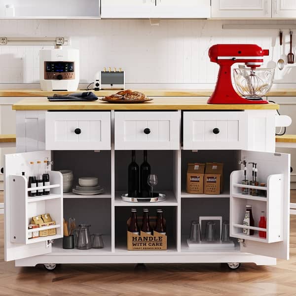 53" Kitchen Island Cart With Drop-Leaf, 3 Drawers, Wheels & Spice Rack - Mobile Storage For Dining Room (Grey Blue)